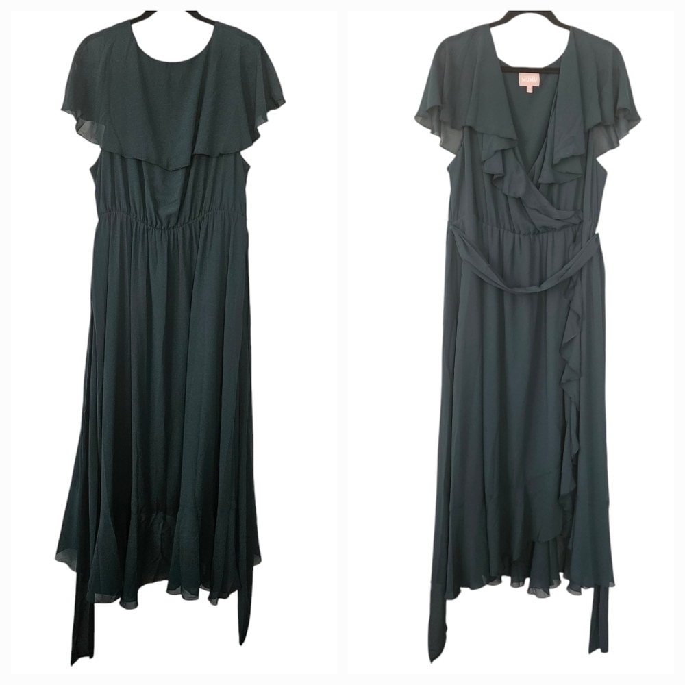 Show Me Your Mumu Jess Ruffle  Midi Dress in Emerald Chiffon size 3X SMALL FLAW - Picture 2 of 8